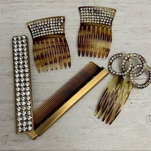 Vintage Art Deco Faux Tortoise Shell Rhinestone Celluloid Hair Picks Combs